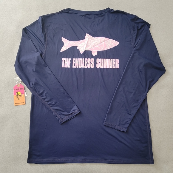 The Endless Summer Mens Graphic T Shirt Blue Pink Fish Print Long Sleeve XL New - Picture 2 of 8